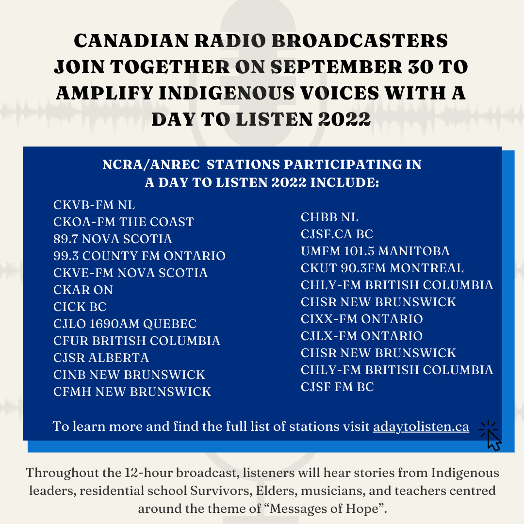 In recognition of the National Day for Truth and Reconciliation, radio broadcasters across Canada are once again joining together to amplify, elevate, listen to, and learn from Indigenous voices with A DAY TO LISTEN 2022 - visit adaytolisten.ca